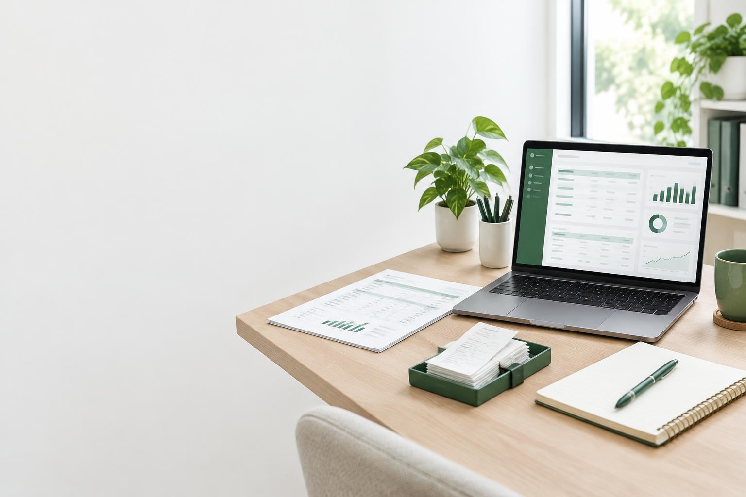 Illustrative bookkeeping workspace with receipts, statements and a generic accounting display—not a QuickBooks screenshot