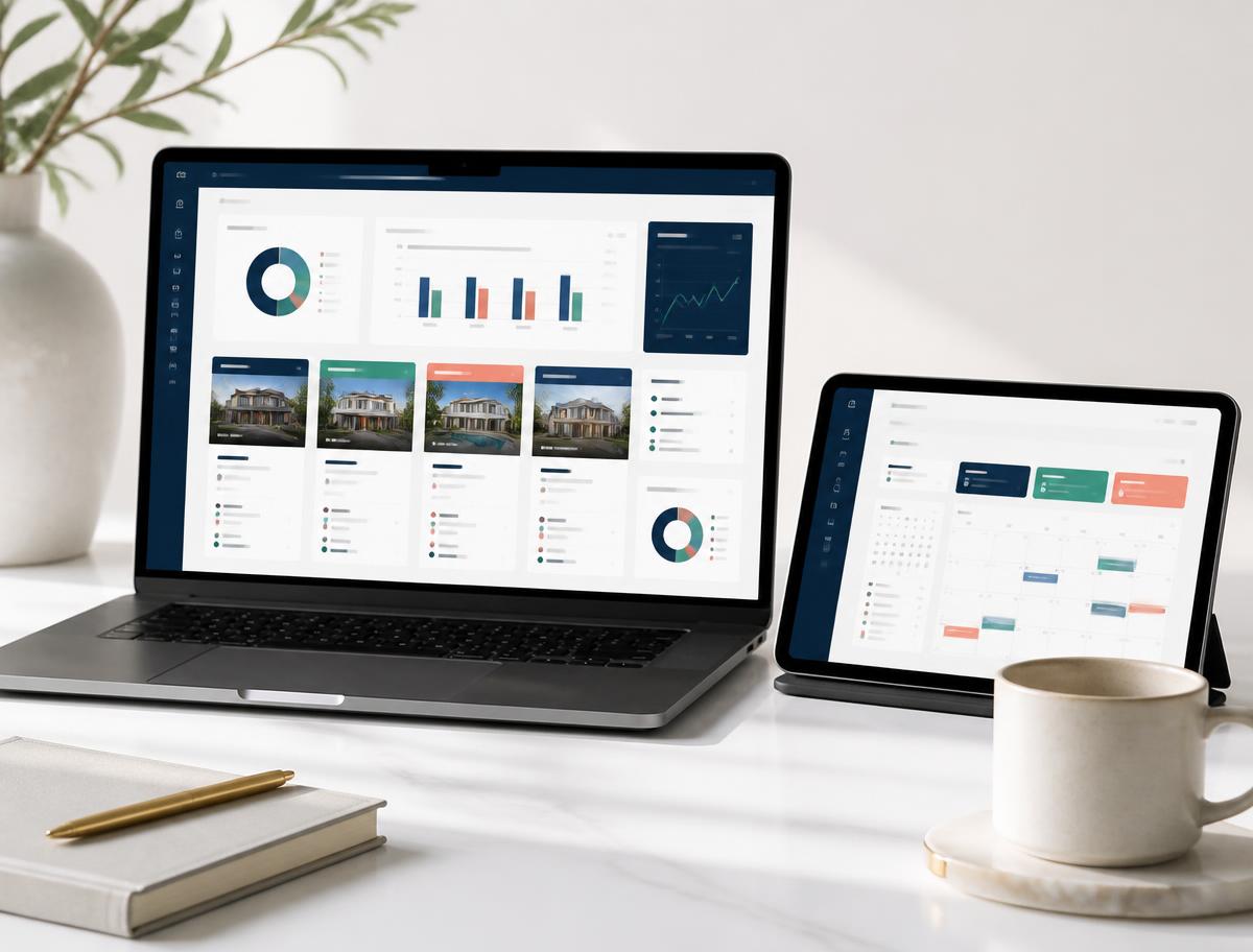 Real estate business dashboard shown on a laptop and tablet