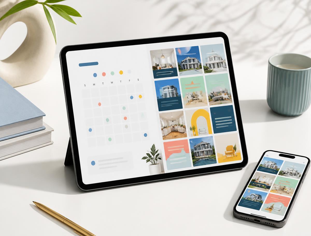 Real estate social media calendar on a tablet and phone